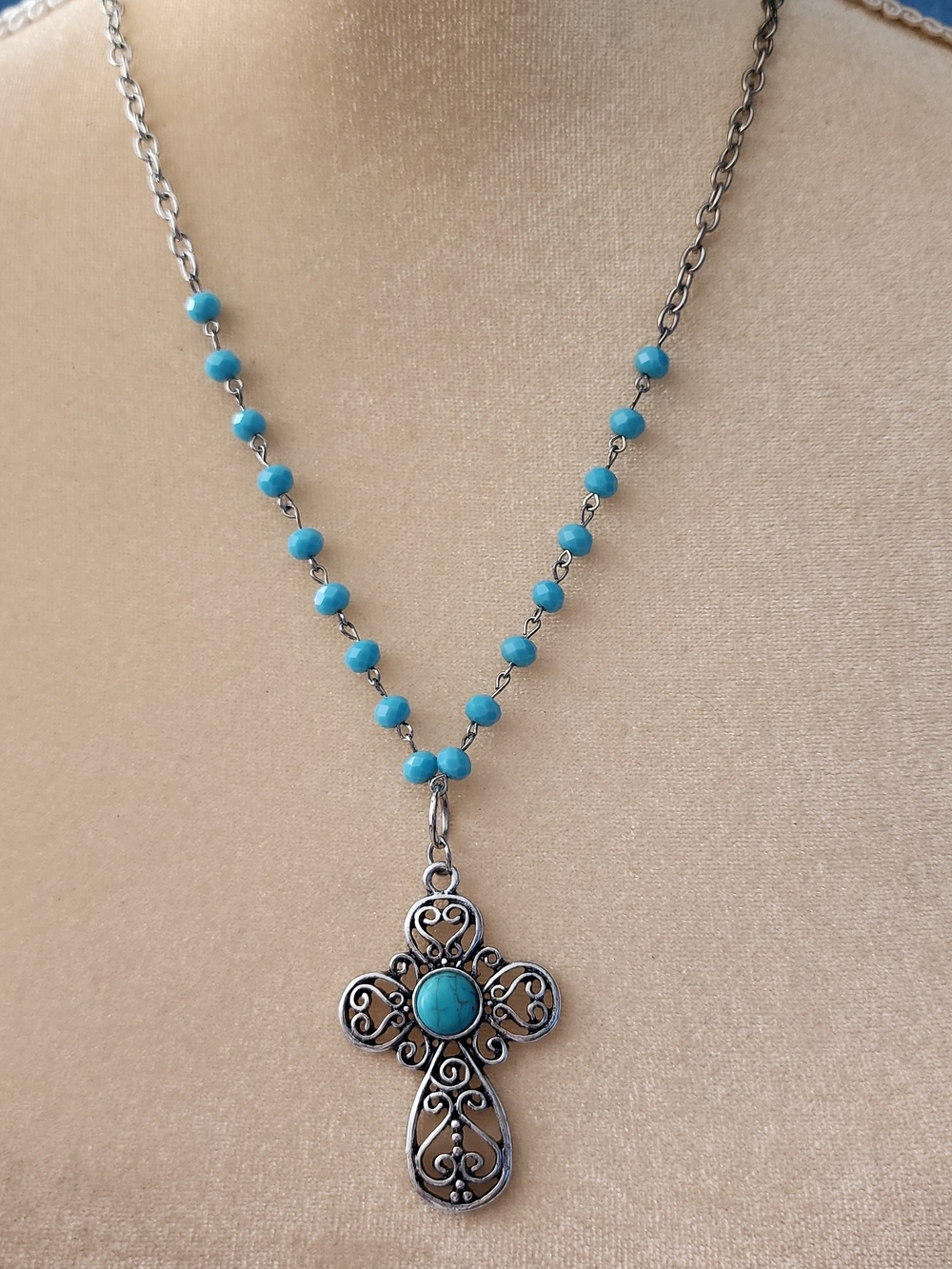 Turquoise Beaded Cross Pendant Necklace - Women Jewelry